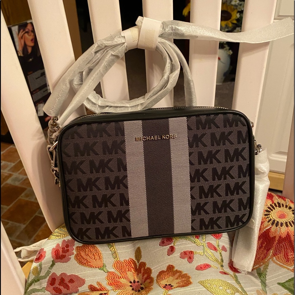 Michael Kors Signature Stripe Camera Crossbody Bag